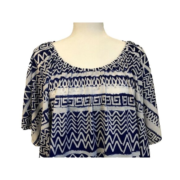 CHICO'S Layered Tiered Cape Top Womens Size Medium White Blue Greek Pattern - Picture 2 of 7